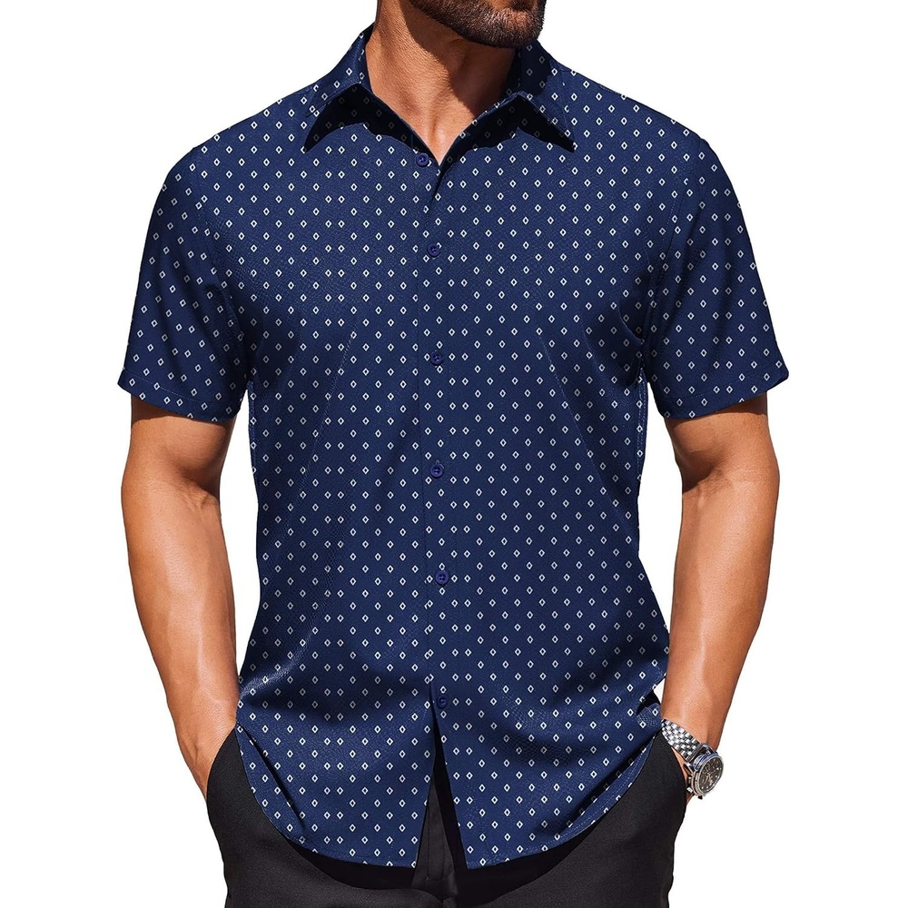image:imageCOOFANDY Mens Wrinkle Free Dress Shirt Polka Dot Short Sleeve Button Down Business Casual ShirtsDark Bluewhite Rhombus