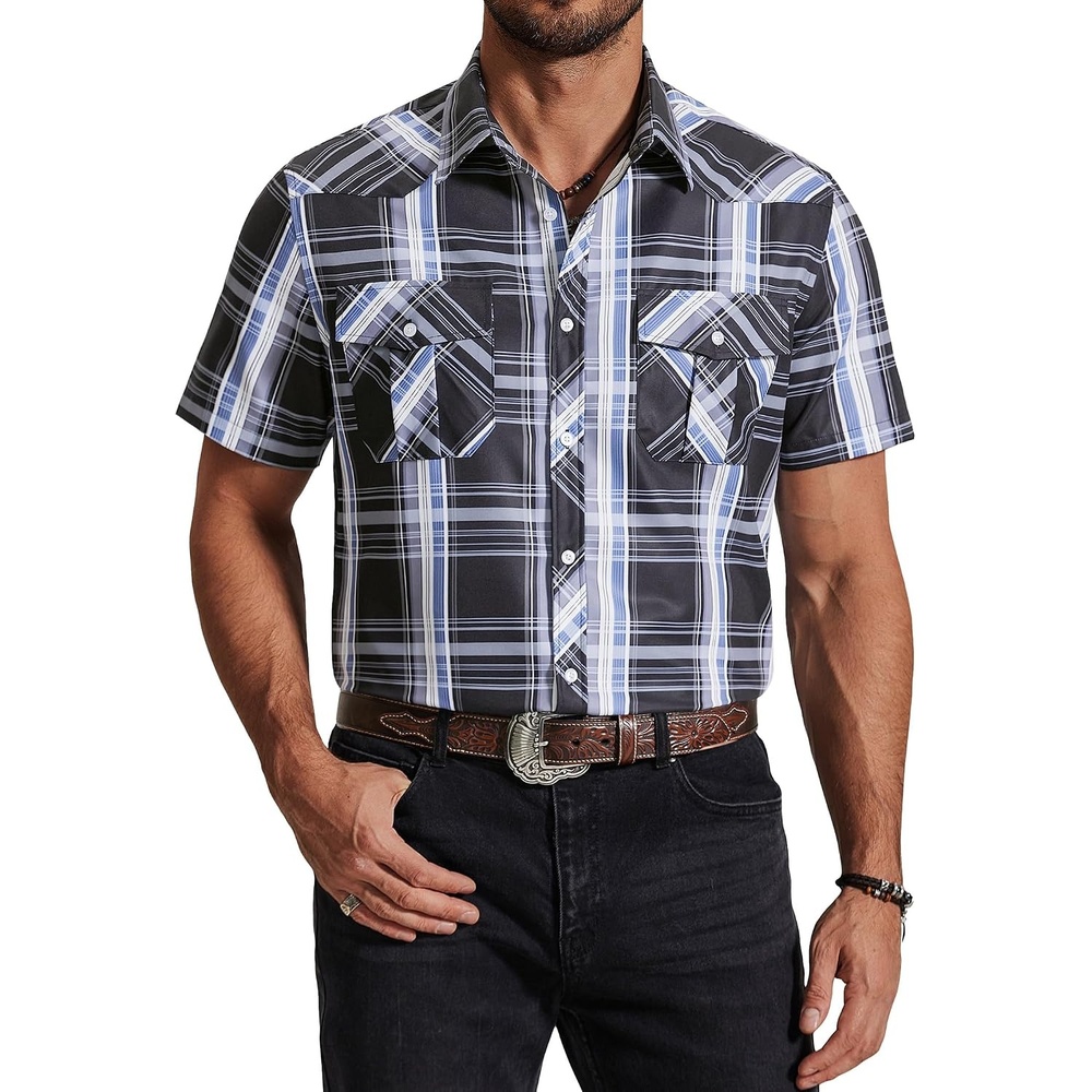 image:imageCOOFANDY Western Shirts for Mens Cowboy Shirt Short Sleeve Button Down Shirt Casual Work Shirts PlaidBlack grey Plaid