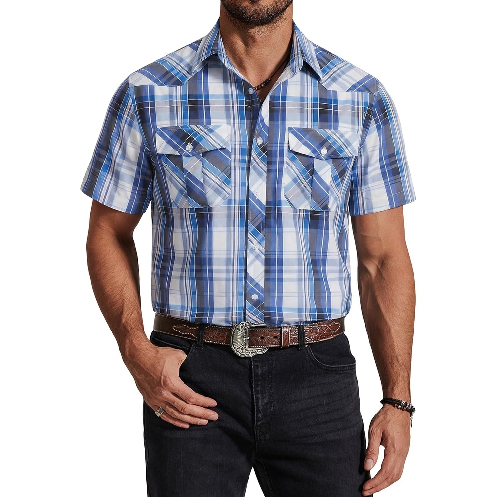 image:imageCOOFANDY Western Shirts for Mens Cowboy Shirt Short Sleeve Button Down Shirt Casual Work Shirts PlaidBlue white khaki Plaid