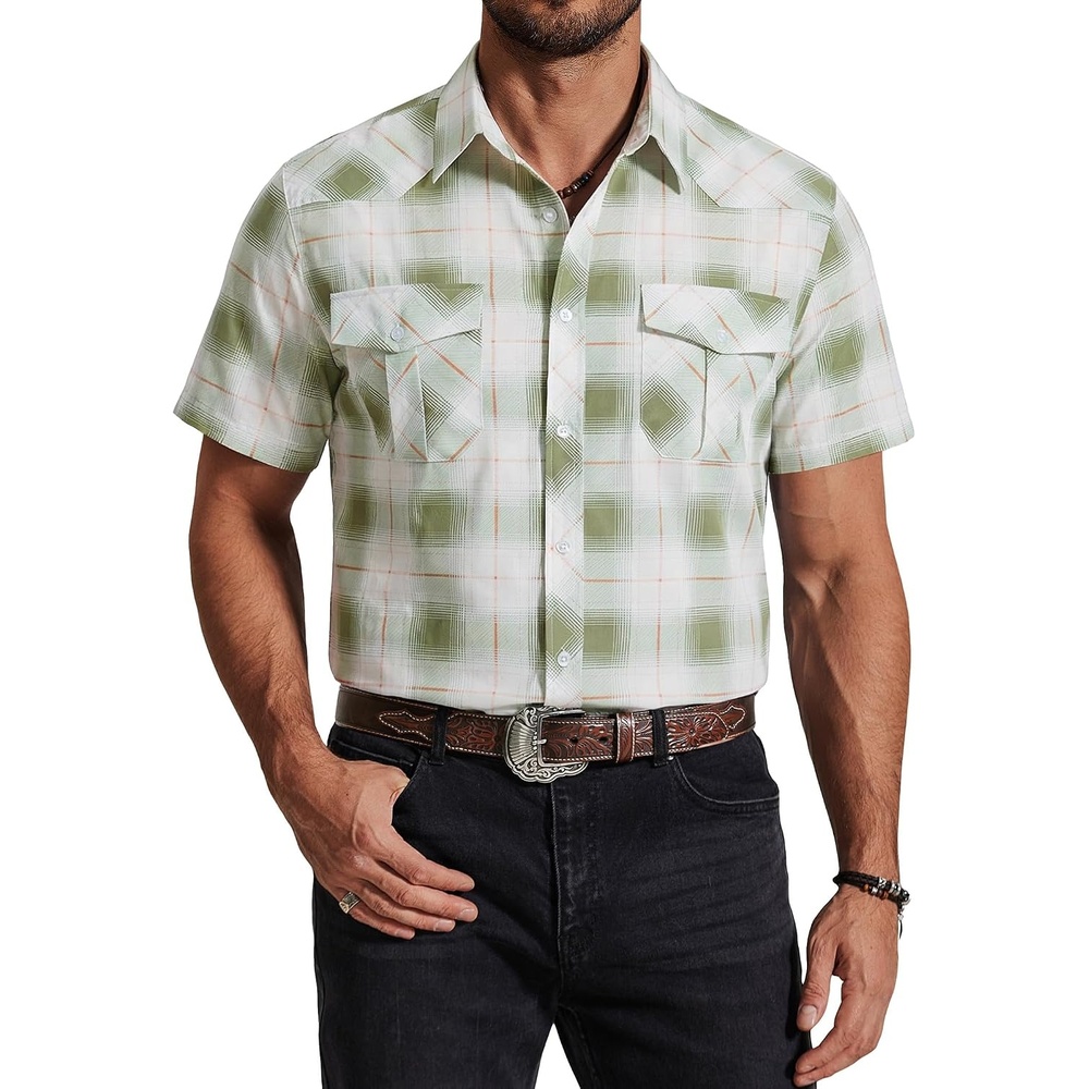 image:imageCOOFANDY Western Shirts for Mens Cowboy Shirt Short Sleeve Button Down Shirt Casual Work Shirts PlaidGreen white Plaid