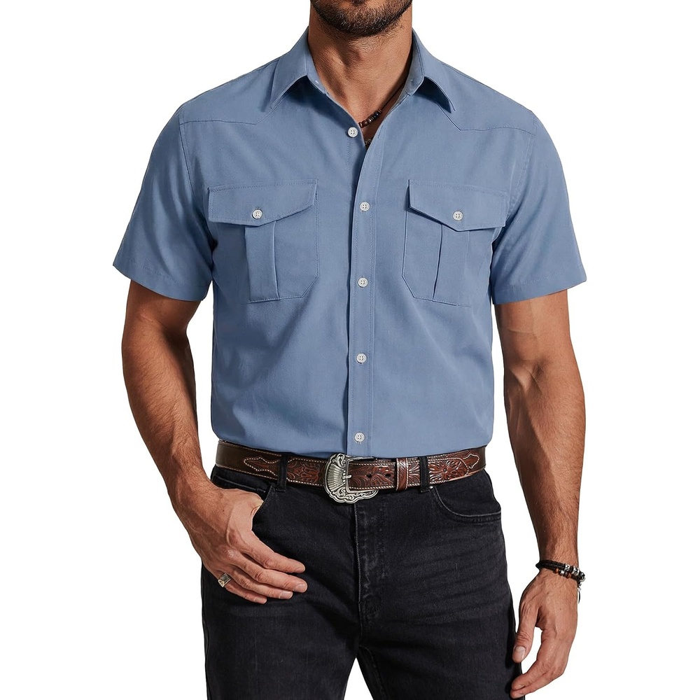 image:imageCOOFANDY Western Shirts for Mens Cowboy Shirt Short Sleeve Button Down Shirt Casual Work Shirts PlaidGrey Blue