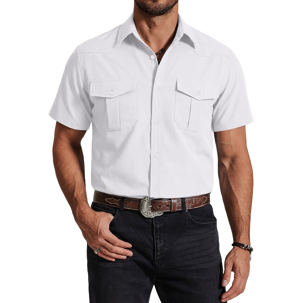 image:imageCOOFANDY Western Shirts for Mens Cowboy Shirt Short Sleeve Button Down Shirt Casual Work Shirts PlaidWhite
