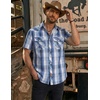COOFANDY Western Shirts for Mens Cowboy Shirt Short Sleeve Button Down Shirt Casual Work Shirts Plaid(Blue white khaki Plaid)
