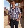 COOFANDY Western Shirts for Mens Cowboy Shirt Short Sleeve Button Down Shirt Casual Work Shirts Plaid(Red blue white Plaid)