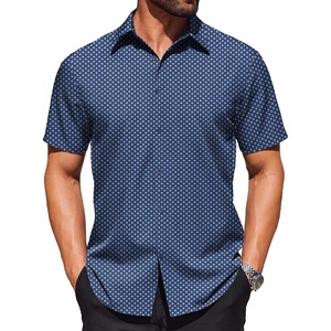 COOFANDY Mens Wrinkle Free Dress Shirt Polka Dot Short Sleeve Button Down Business Casual Shirts(Dark Blue- White Four-petaled Flower)