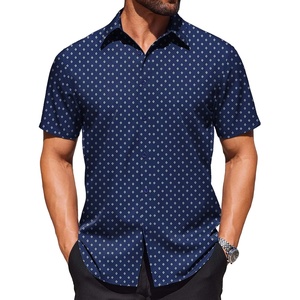 COOFANDY Mens Wrinkle Free Dress Shirt Polka Dot Short Sleeve Button Down Business Casual Shirts(Dark Blue-white Rhombus)