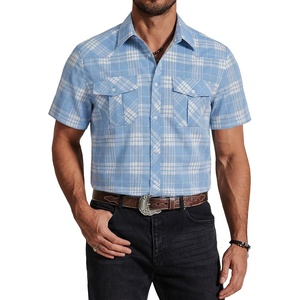 COOFANDY Western Shirts for Mens Cowboy Shirt Short Sleeve Button Down Shirt Casual Work Shirts Plaid(Blue white Plaid)