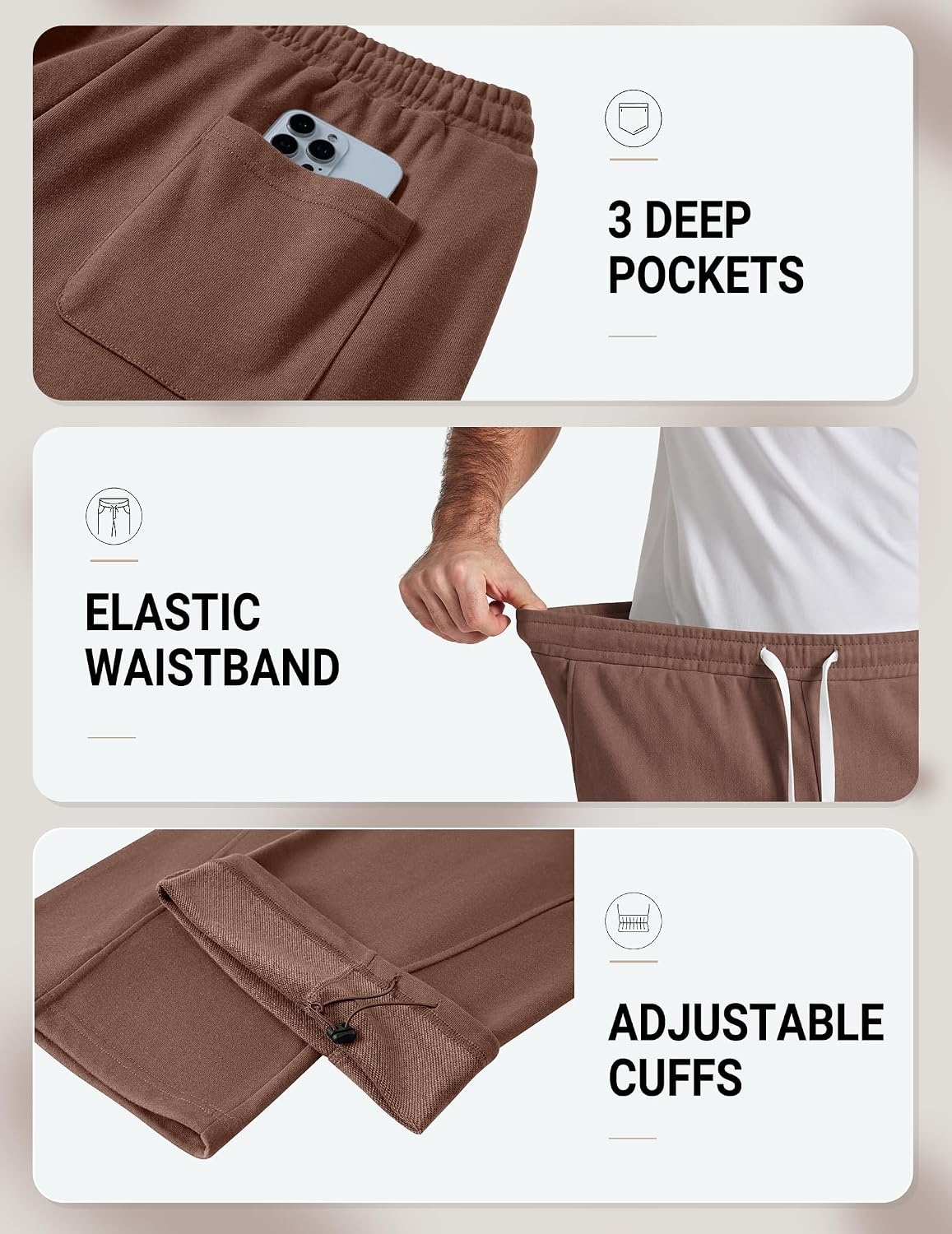 image:imageCOOFANDY Baggy Sweatpants Men Wide Leg Cotton Joggers for Men with Pockets 2 in 1 Design Ankle Drawcord Cotton Blend Wide Leg 3 Deep Pockets Drawstring Waist Y2K Loungewear Gym WorkoutBrown