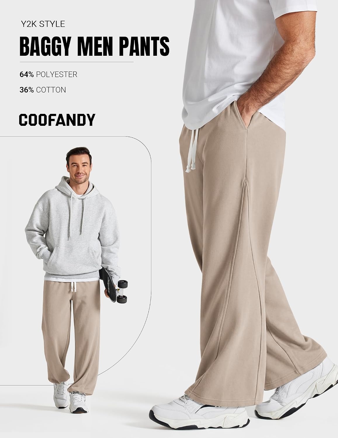 image:imageCOOFANDY Baggy Sweatpants Men Wide Leg Cotton Joggers for Men with Pockets 2 in 1 Design Ankle Drawcord Cotton Blend Wide Leg 3 Deep Pockets Drawstring Waist Y2K Loungewear Gym WorkoutKhaki