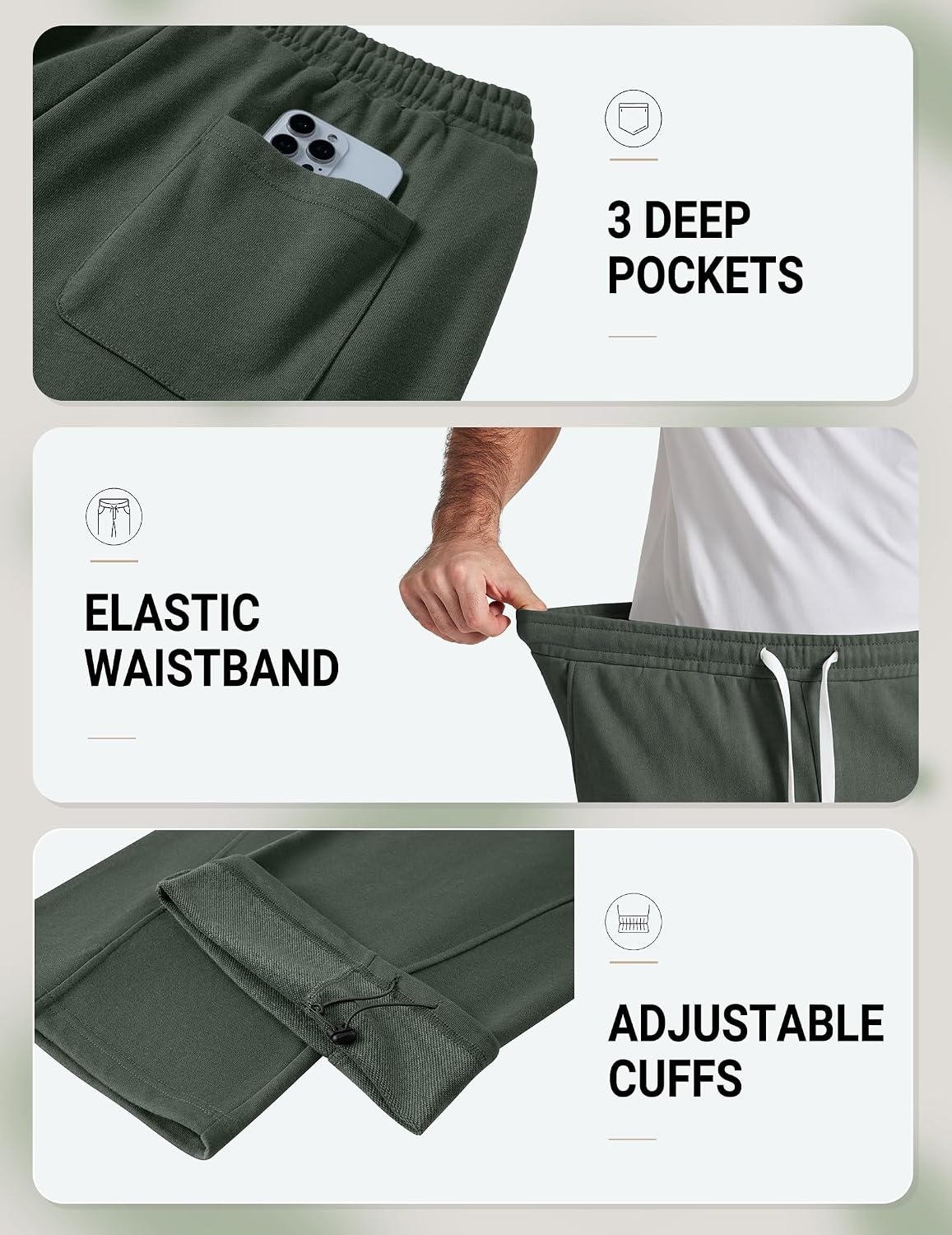 image:imageCOOFANDY Baggy Sweatpants Men Wide Leg Cotton Joggers for Men with Pockets 2 in 1 Design Ankle Drawcord Cotton Blend Wide Leg 3 Deep Pockets Drawstring Waist Y2K Loungewear Gym WorkoutDark Green