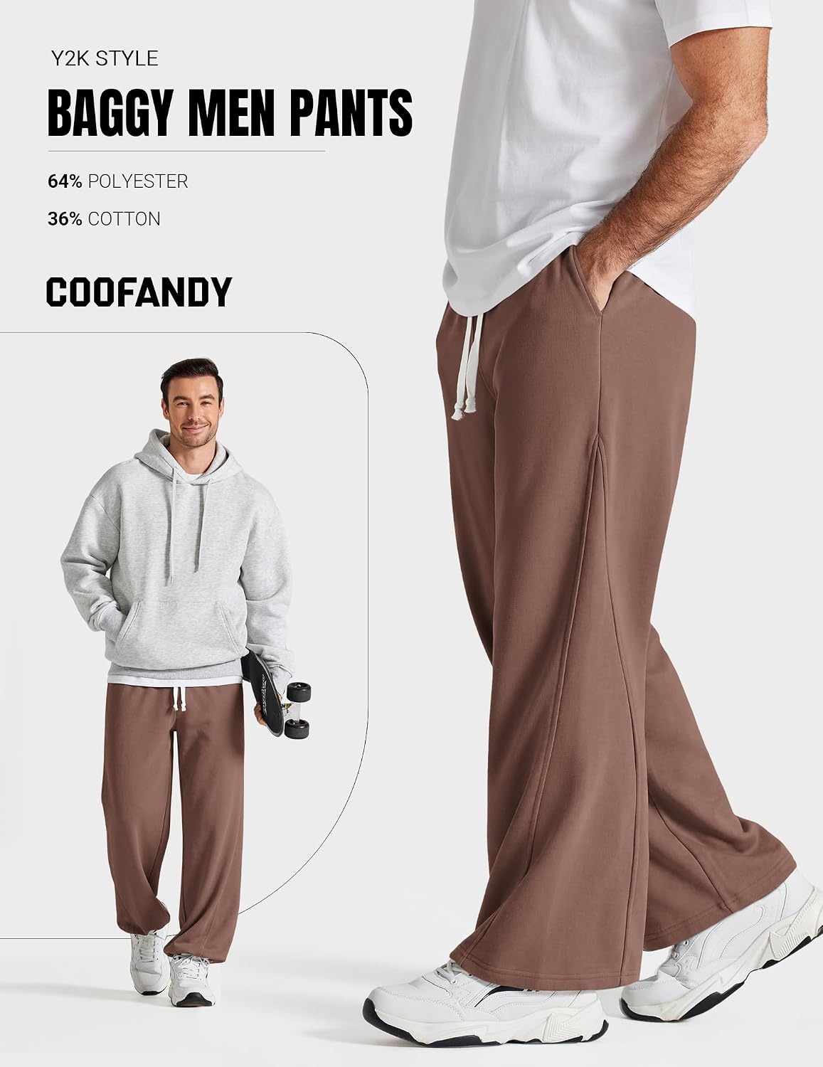 image:imageCOOFANDY Baggy Sweatpants Men Wide Leg Cotton Joggers for Men with Pockets 2 in 1 Design Ankle Drawcord Cotton Blend Wide Leg 3 Deep Pockets Drawstring Waist Y2K Loungewear Gym WorkoutBrown