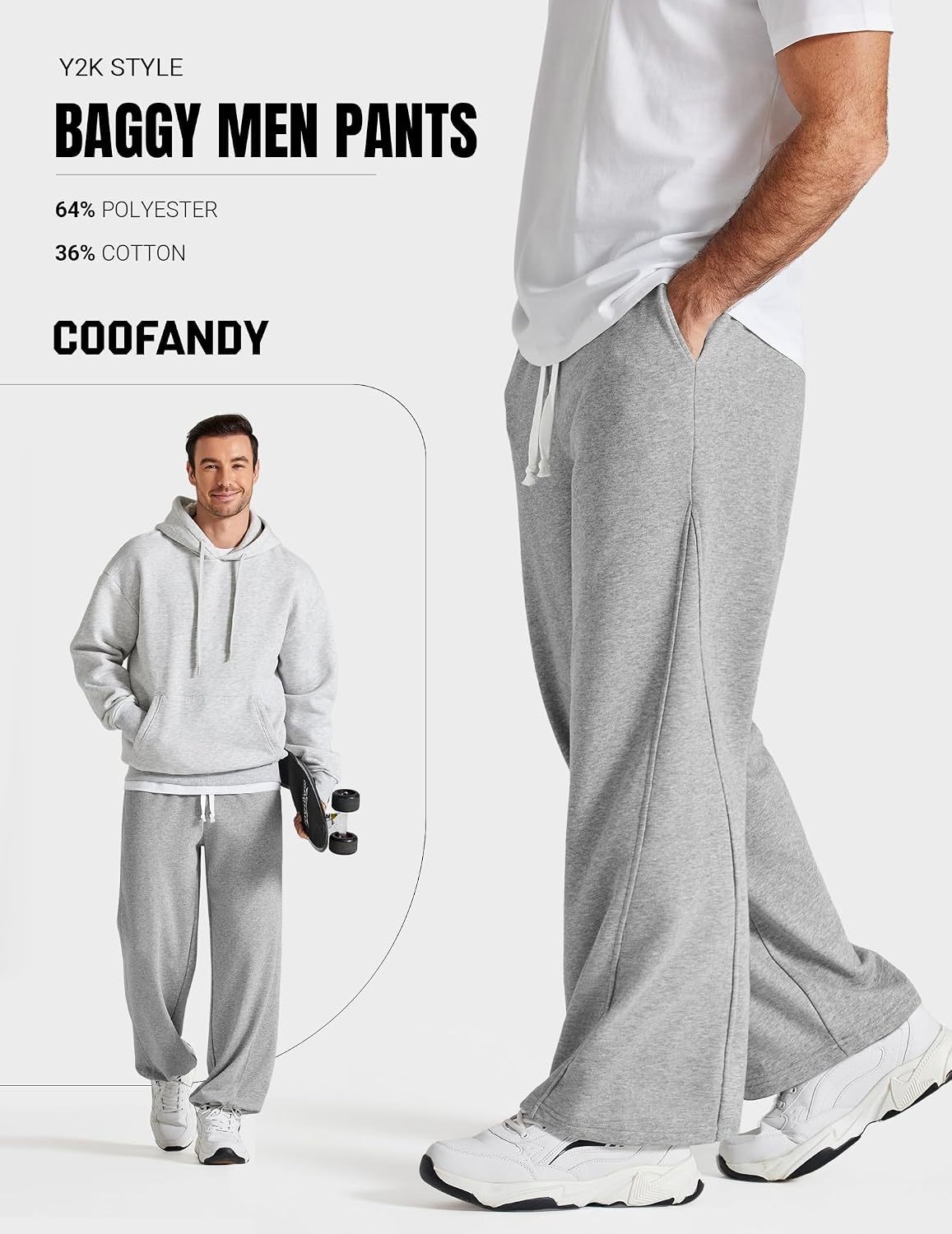 image:imageCOOFANDY Baggy Sweatpants Men Wide Leg Cotton Joggers for Men with Pockets 2 in 1 Design Ankle Drawcord Cotton Blend Wide Leg 3 Deep Pockets Drawstring Waist Y2K Loungewear Gym WorkoutAlight Gray