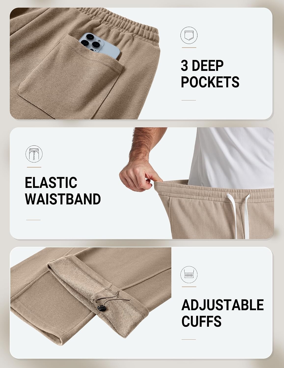 image:imageCOOFANDY Baggy Sweatpants Men Wide Leg Cotton Joggers for Men with Pockets 2 in 1 Design Ankle Drawcord Cotton Blend Wide Leg 3 Deep Pockets Drawstring Waist Y2K Loungewear Gym WorkoutKhaki