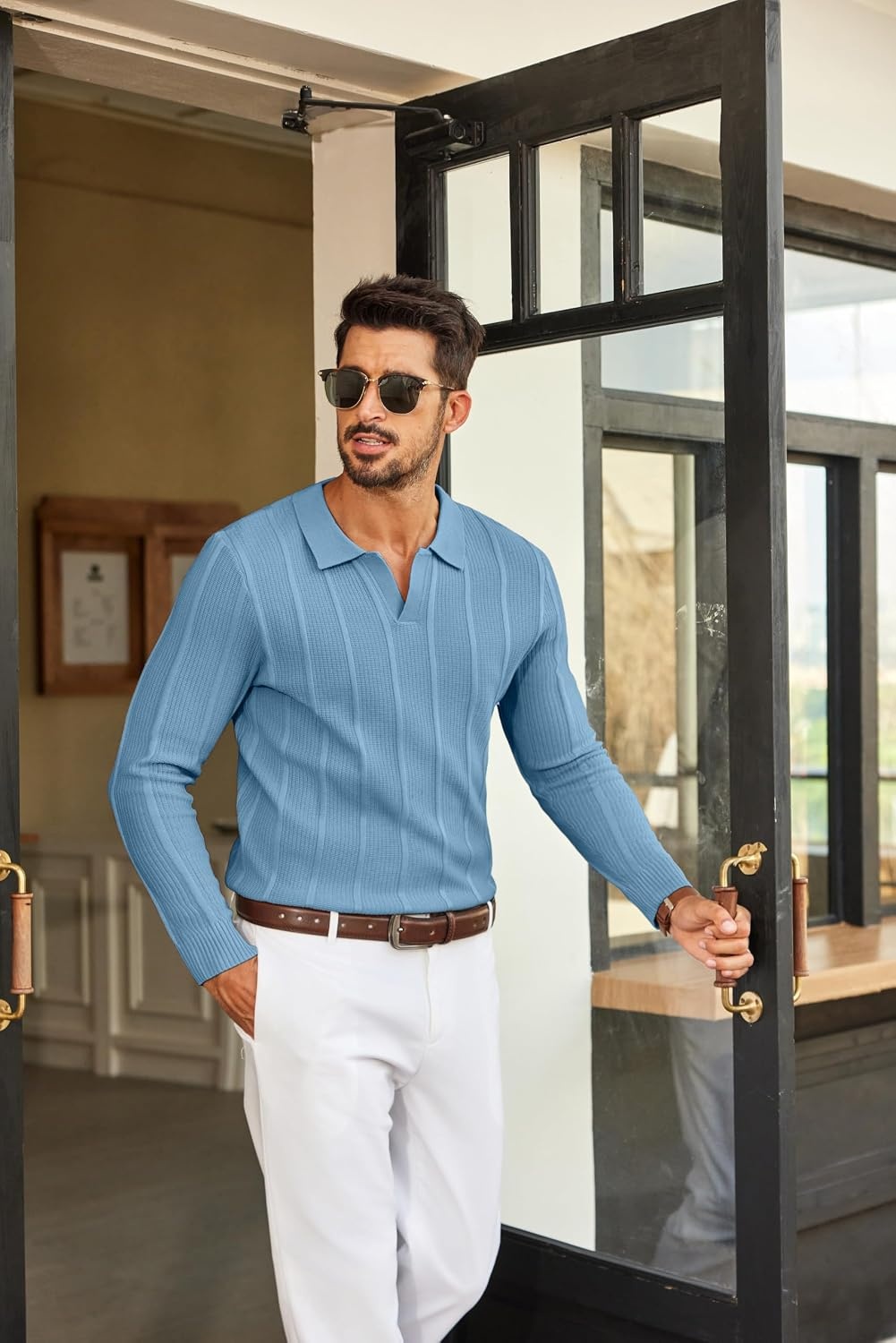 image:imageCOOFANDY Men Long Sleeve Knit Shirt Polo Collared Sweater Classic Pullover Classic VNeck Knit Polo Sweater With Textured Finish And Comfortable Fit For Business Casual Office And Weekends