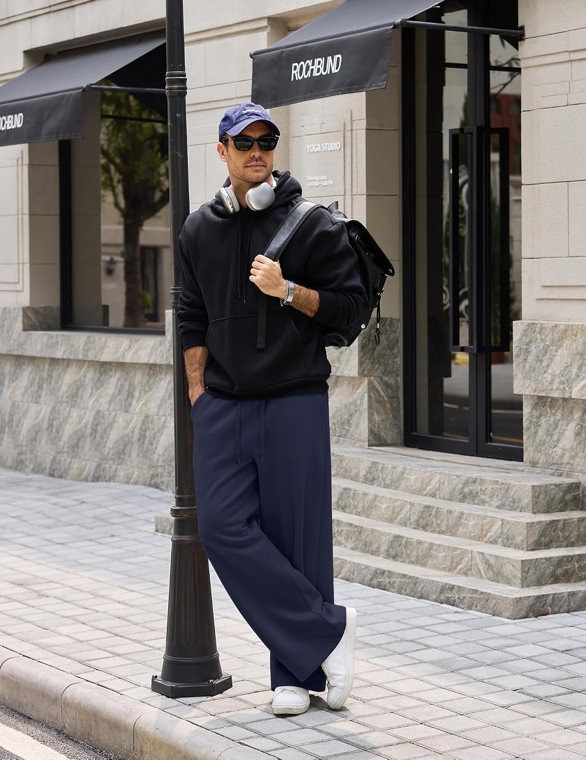 image:imageCOOFANDY Mens Baggy Sweatpants Wide Leg Cotton Fleece Open Bottom Sweatpant Oversized Elastic Waist Loose Fit Casual Fall Winter Warm Wear Lounge Joggers with Pockets Street StyleNavy Blue