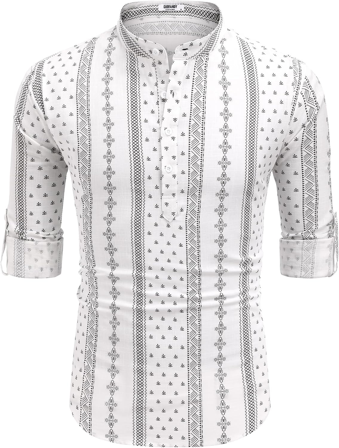 image:imageCOOFANDY Mens Cotton Linen Henley TShirts Long Sleeve Casual Beach Shirts Mens Linen ShirtRegular Relaxed FitLightweightBreathableand Moisturewicking for BeachVacation or Everyday Summer WearWhiteBlack Patterned