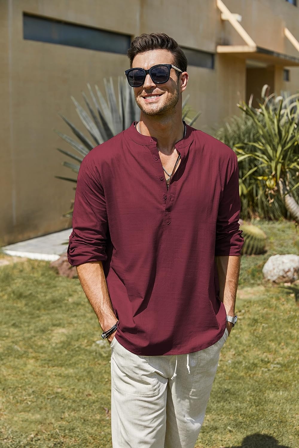 image:imageCOOFANDY Mens Cotton Linen Henley TShirts Long Sleeve Casual Beach Shirts Mens Linen ShirtRegular Relaxed FitLightweightBreathableand Moisturewicking for BeachVacation or Everyday Summer WearWine Red