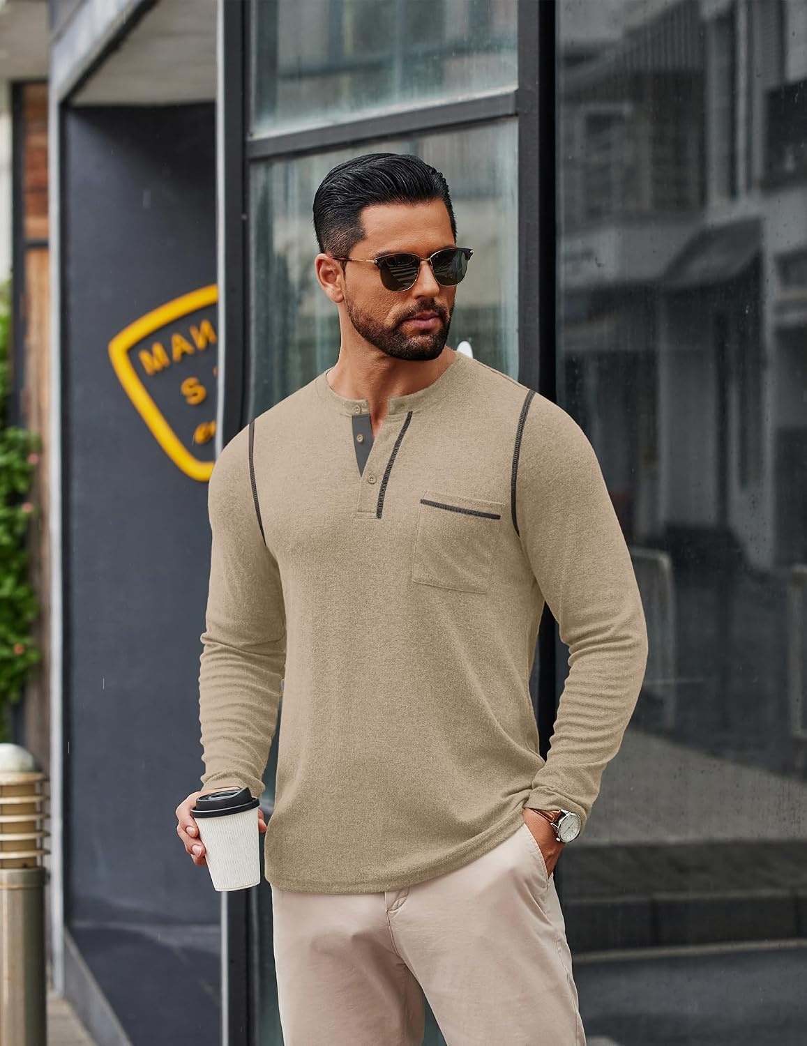image:imageCOOFANDY Mens Henley Long Sleeve Shirts Casual Button TShirt Pullover Basic Tees with PocketBeige
