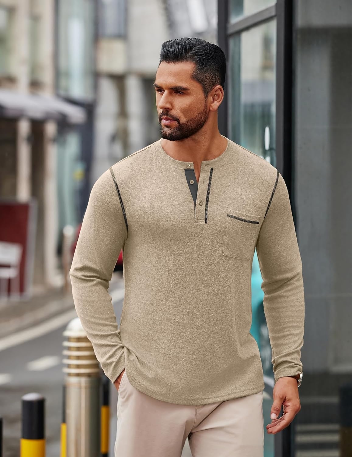 image:imageCOOFANDY Mens Henley Long Sleeve Shirts Casual Button TShirt Pullover Basic Tees with PocketBeige