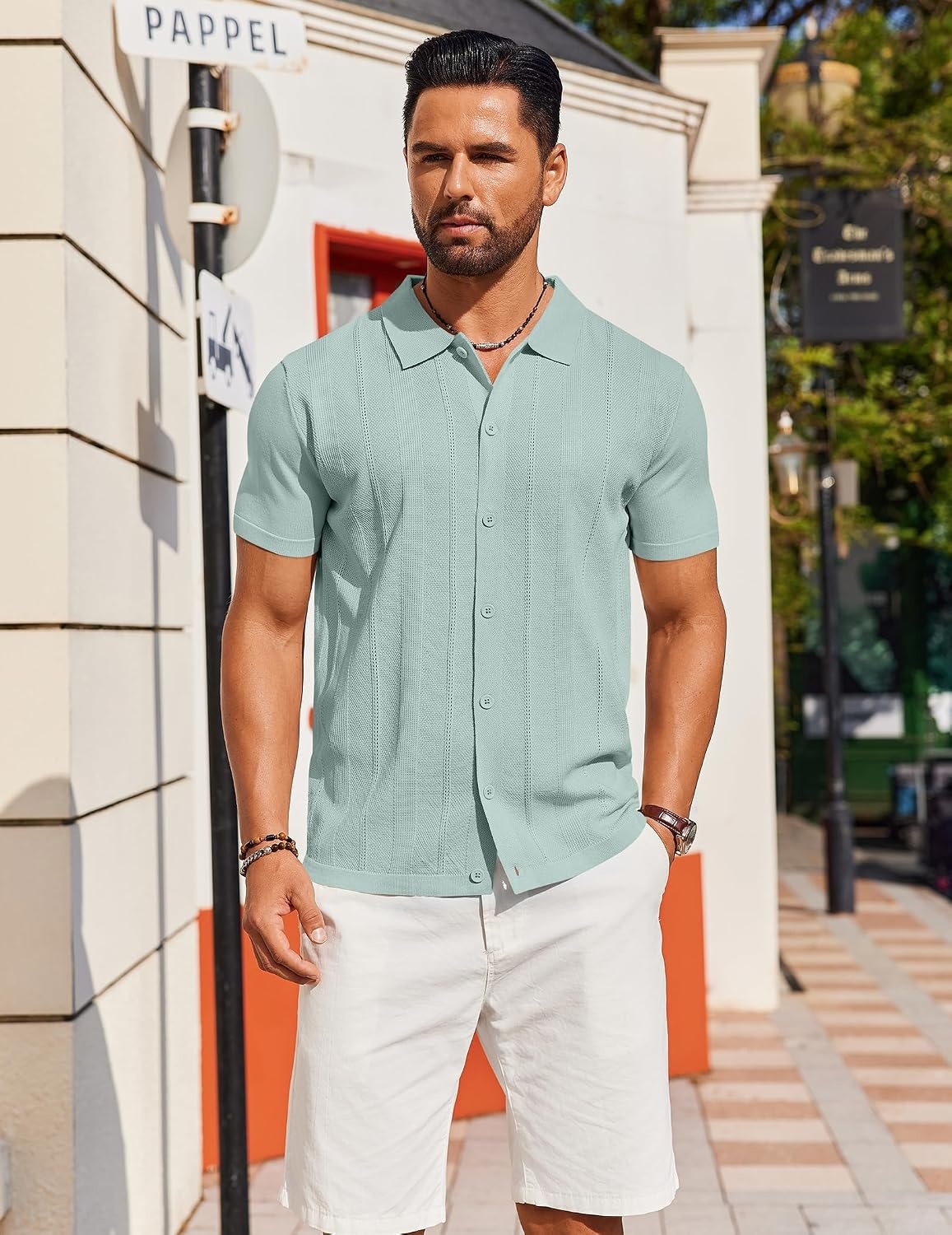 image:imageCOOFANDY Mens Knit Short Sleeve Button Down Polo Shirts Knit ShirtVintage Casual ShirtsSummer Beach VacationBreathable Soft Knit TextureButton Up ShirtsIce Green