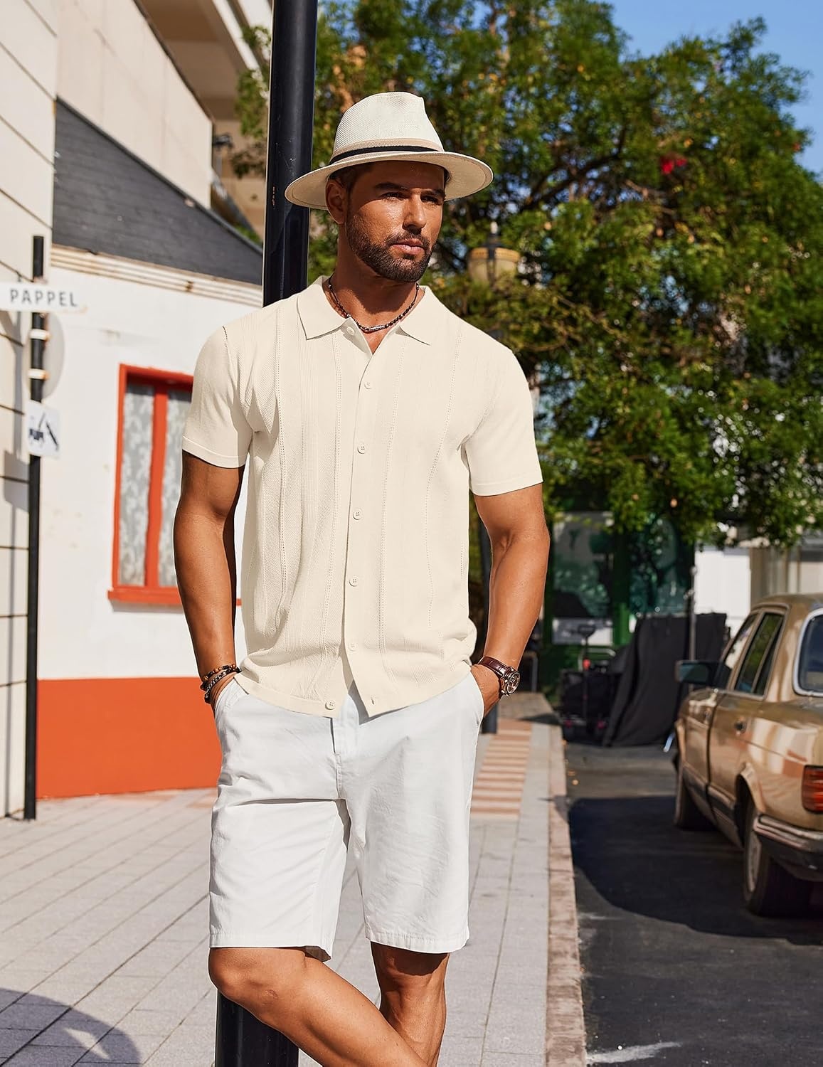 image:imageCOOFANDY Mens Knit Short Sleeve Button Down Polo Shirts Knit ShirtVintage Casual ShirtsSummer Beach VacationBreathable Soft Knit TextureButton Up ShirtsBeige