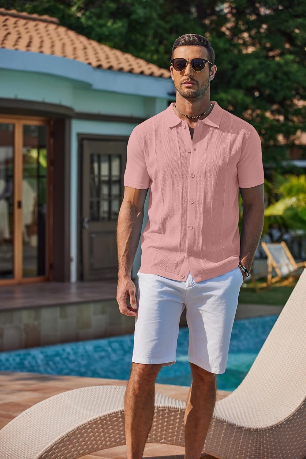 image:imageCOOFANDY Mens Knit Short Sleeve Button Down Polo Shirts Knit ShirtVintage Casual ShirtsSummer Beach VacationBreathable Soft Knit TextureButton Up ShirtsPink