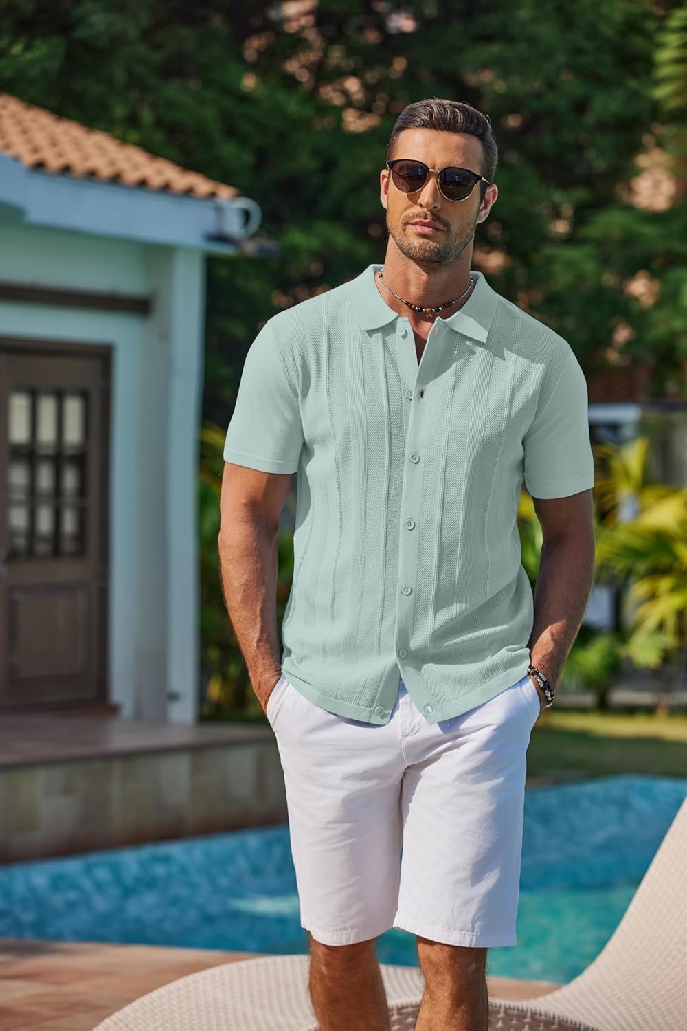 image:imageCOOFANDY Mens Knit Short Sleeve Button Down Polo Shirts Knit ShirtVintage Casual ShirtsSummer Beach VacationBreathable Soft Knit TextureButton Up ShirtsIce Green