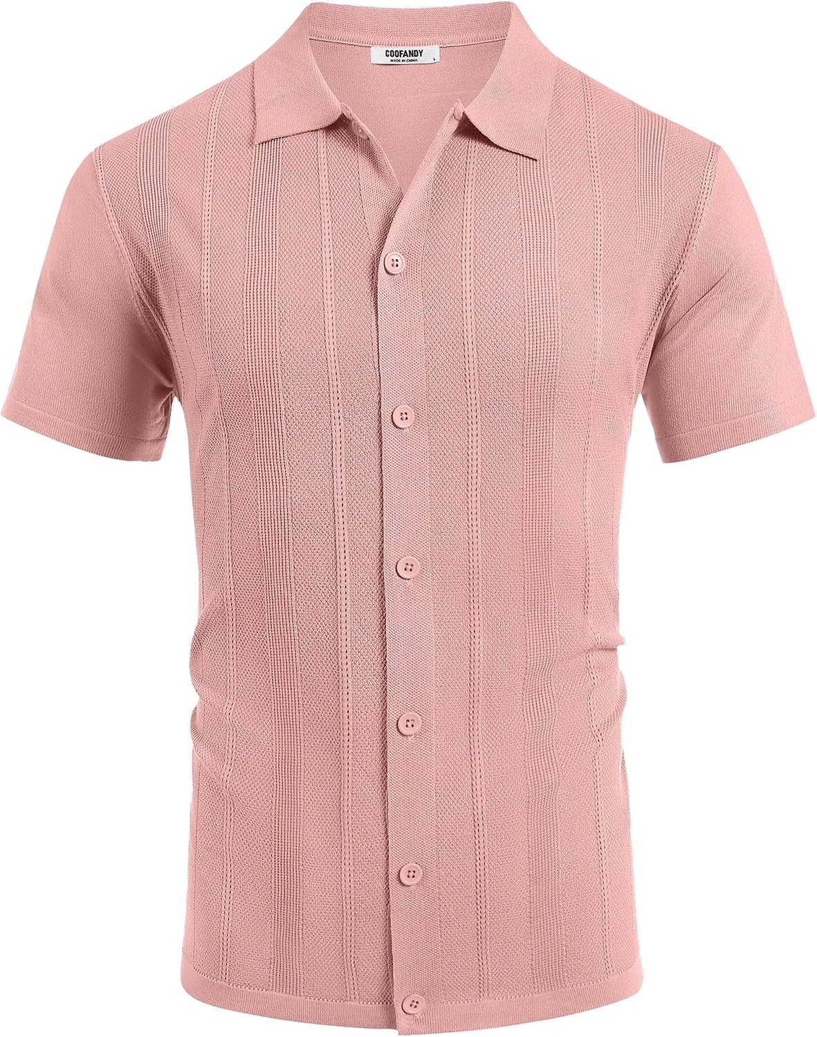 image:imageCOOFANDY Mens Knit Short Sleeve Button Down Polo Shirts Knit ShirtVintage Casual ShirtsSummer Beach VacationBreathable Soft Knit TextureButton Up ShirtsPink