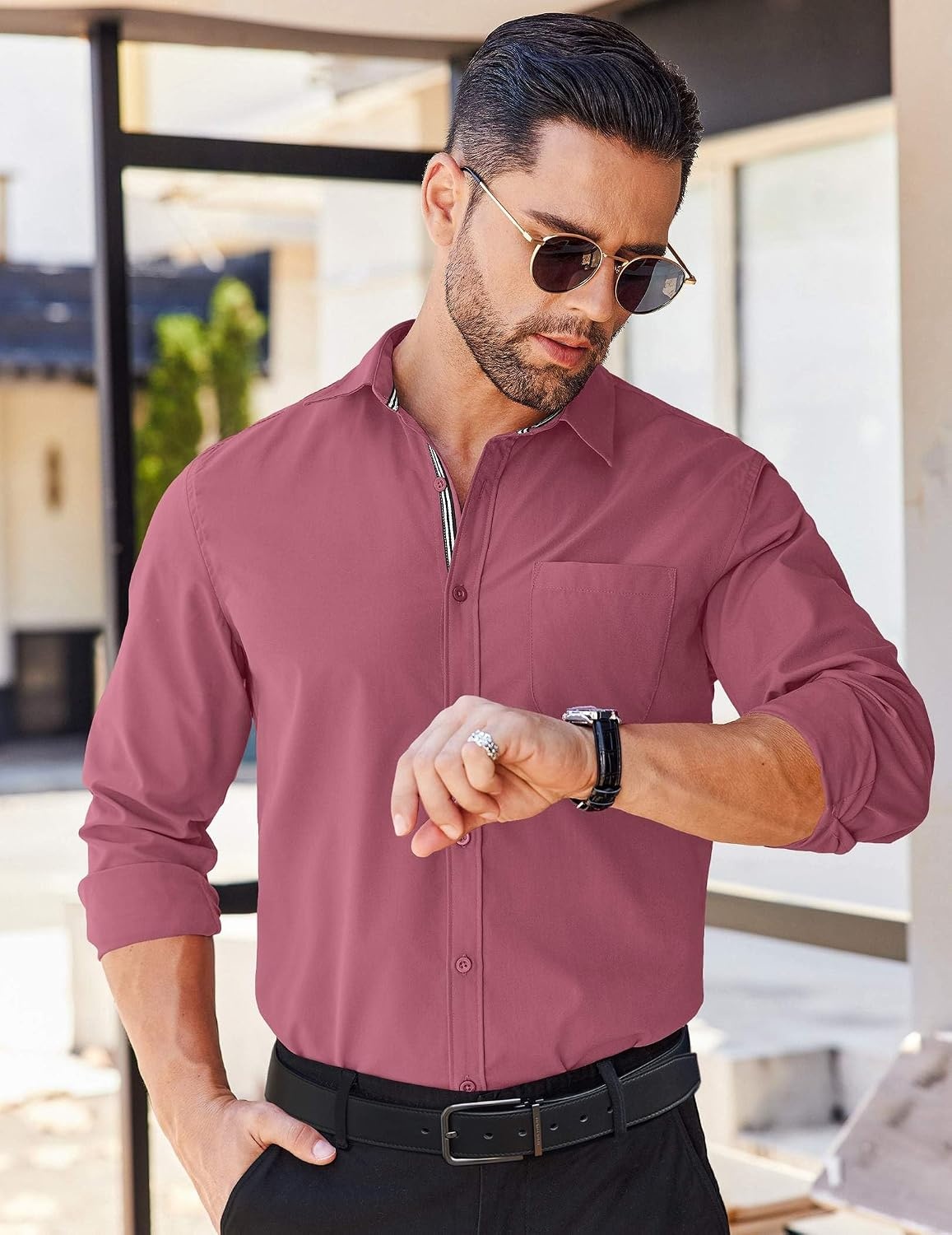 image:imageCOOFANDY Mens Long Sleeve Casual Button Down Shirts Untucked Shirts for Men Regular Fit Dress ShirtPurple Red