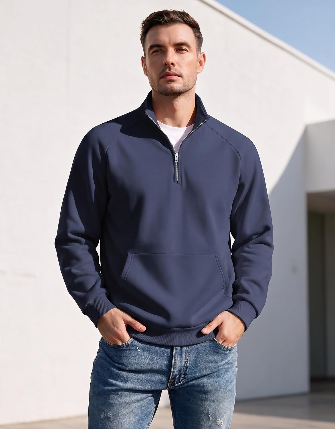 image:imageCOOFANDY Mens Quarter Zip Pullover 2026 Fleece Mock Neck Casual Sweatshirt Cotton Blend Soft amp WrinkleResistant Lightly Brushed Fleece InteriorNavy Blue