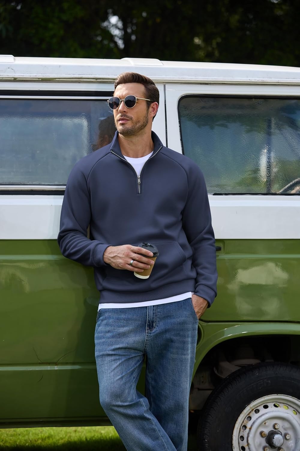 image:imageCOOFANDY Mens Quarter Zip Pullover 2026 Fleece Mock Neck Casual Sweatshirt Cotton Blend Soft amp WrinkleResistant Lightly Brushed Fleece InteriorNavy Blue