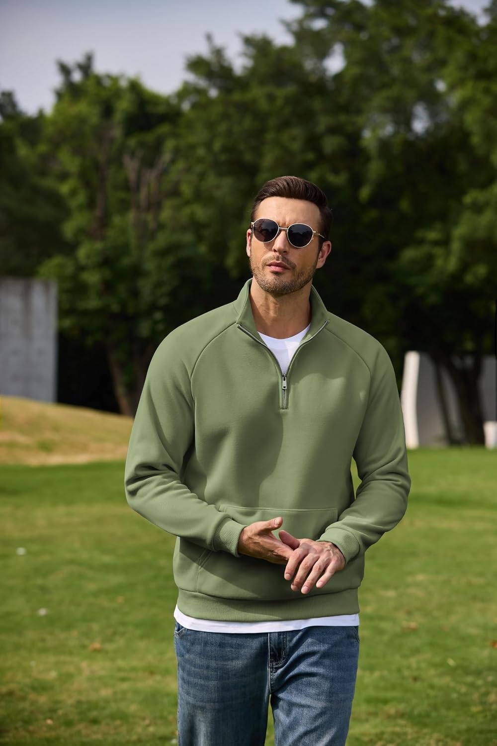 image:imageCOOFANDY Mens Quarter Zip Pullover 2026 Fleece Mock Neck Casual Sweatshirt Cotton Blend Soft amp WrinkleResistant Lightly Brushed Fleece InteriorOlive Green