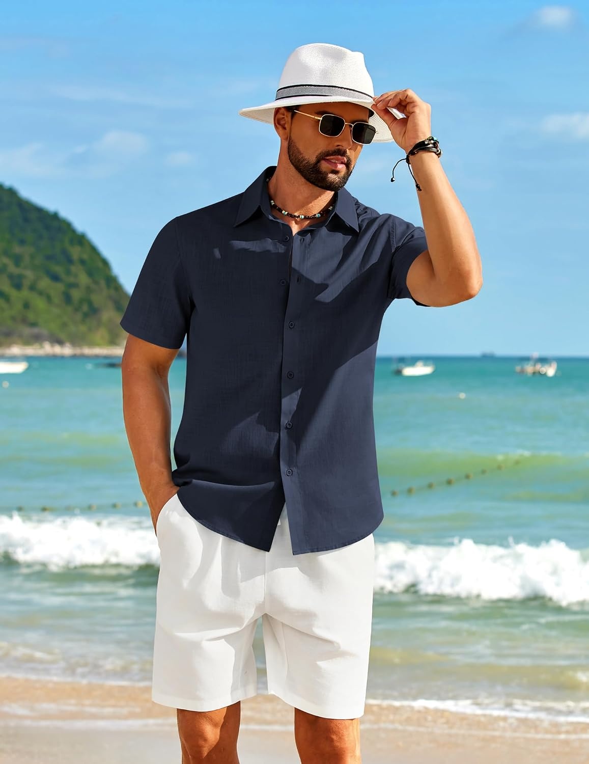 image:imageCOOFANDY Mens Short Sleeve Button Down Shirt Casual Cotton Beach Shirts Lightweight ShirtsBreathableWrinkleResistantMachine WashableBeach DaysSummerVacationCruiseTravelWeddingEventsNavy Blue