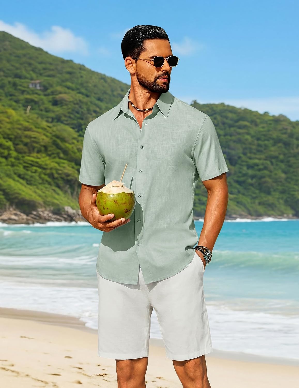 image:imageCOOFANDY Mens Short Sleeve Button Down Shirt Casual Cotton Beach Shirts Lightweight ShirtsBreathableWrinkleResistantMachine WashableBeach DaysSummerVacationCruiseTravelWeddingEventsLight Green