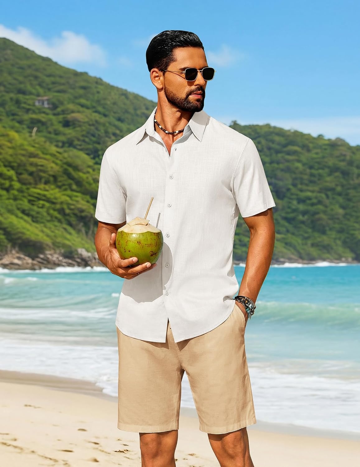 image:imageCOOFANDY Mens Short Sleeve Button Down Shirt Casual Cotton Beach Shirts Lightweight ShirtsBreathableWrinkleResistantMachine WashableBeach DaysSummerVacationCruiseTravelWeddingEventsAwhite