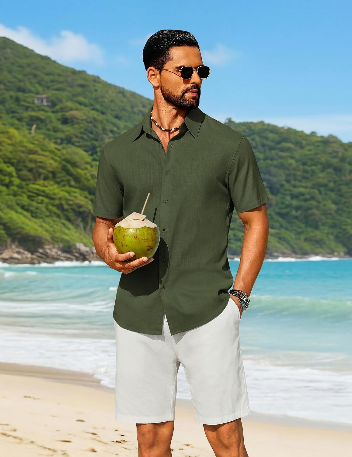 image:imageCOOFANDY Mens Short Sleeve Button Down Shirt Casual Cotton Beach Shirts Lightweight ShirtsBreathableWrinkleResistantMachine WashableBeach DaysSummerVacationCruiseTravelWeddingEventsArmy Green