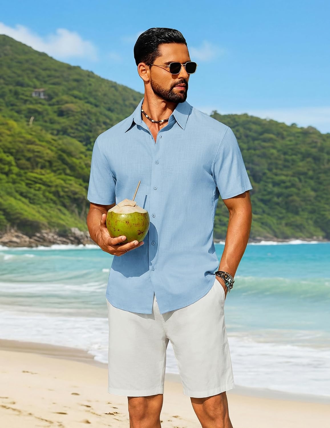 image:imageCOOFANDY Mens Short Sleeve Button Down Shirt Casual Cotton Beach Shirts Lightweight ShirtsBreathableWrinkleResistantMachine WashableBeach DaysSummerVacationCruiseTravelWeddingEventsLight Blue