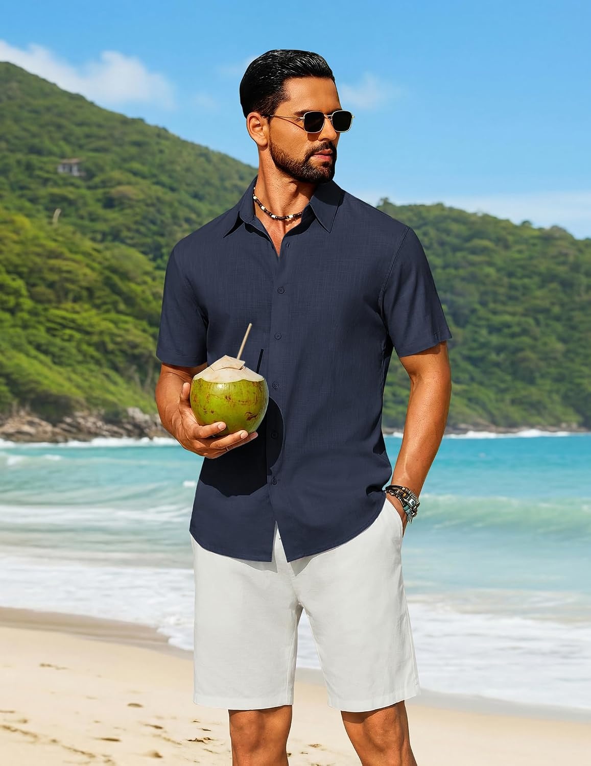 image:imageCOOFANDY Mens Short Sleeve Button Down Shirt Casual Cotton Beach Shirts Lightweight ShirtsBreathableWrinkleResistantMachine WashableBeach DaysSummerVacationCruiseTravelWeddingEventsNavy Blue