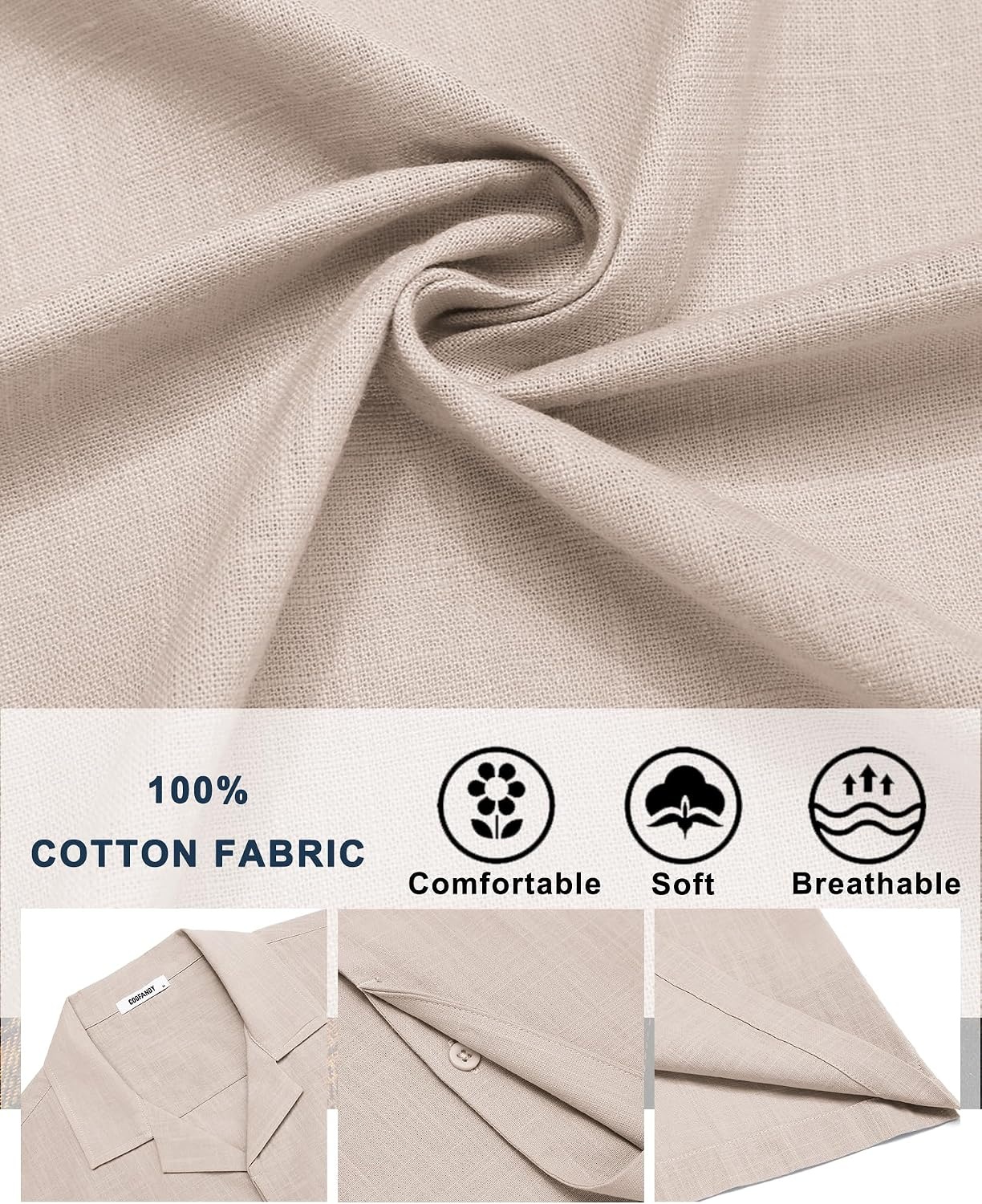 image:imageCOOFANDY Mens Short Sleeve Button Down Shirts Casual Cuban Collar Shirt 100 CottonBeach Summer HolidayCuban StyleBeige