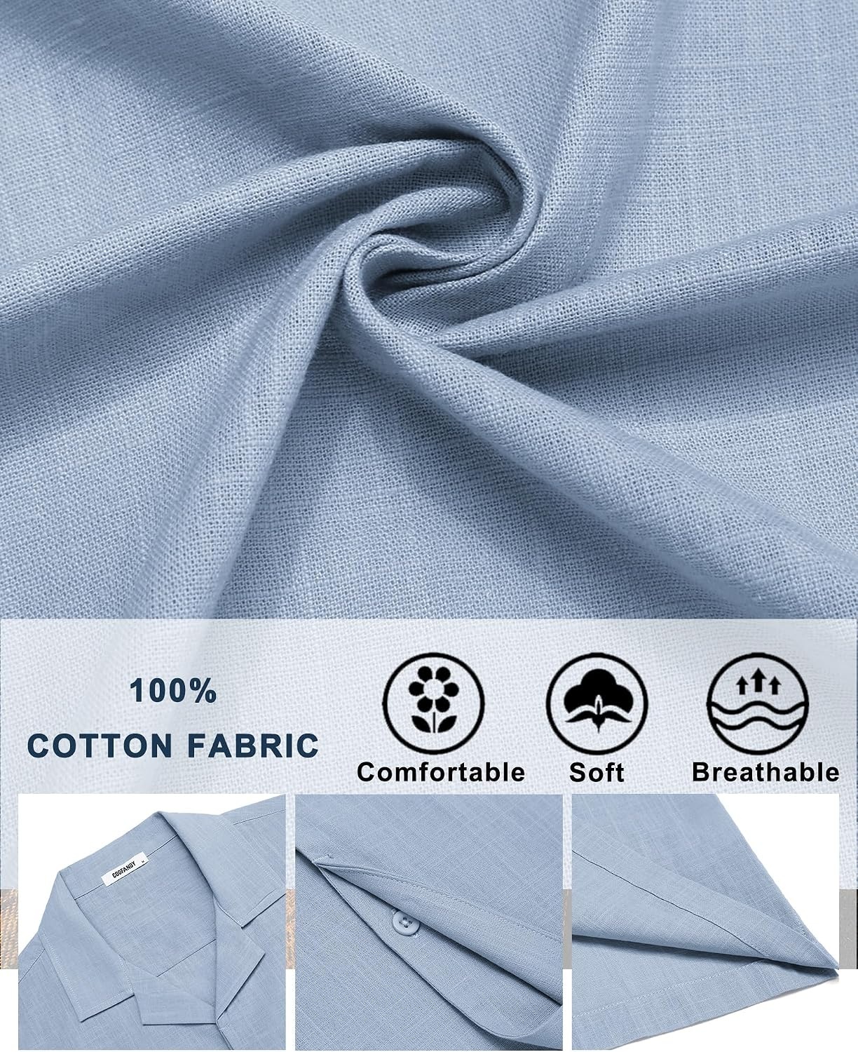 image:imageCOOFANDY Mens Short Sleeve Button Down Shirts Casual Cuban Collar Shirt 100 CottonBeach Summer HolidayCuban StyleLight Blue