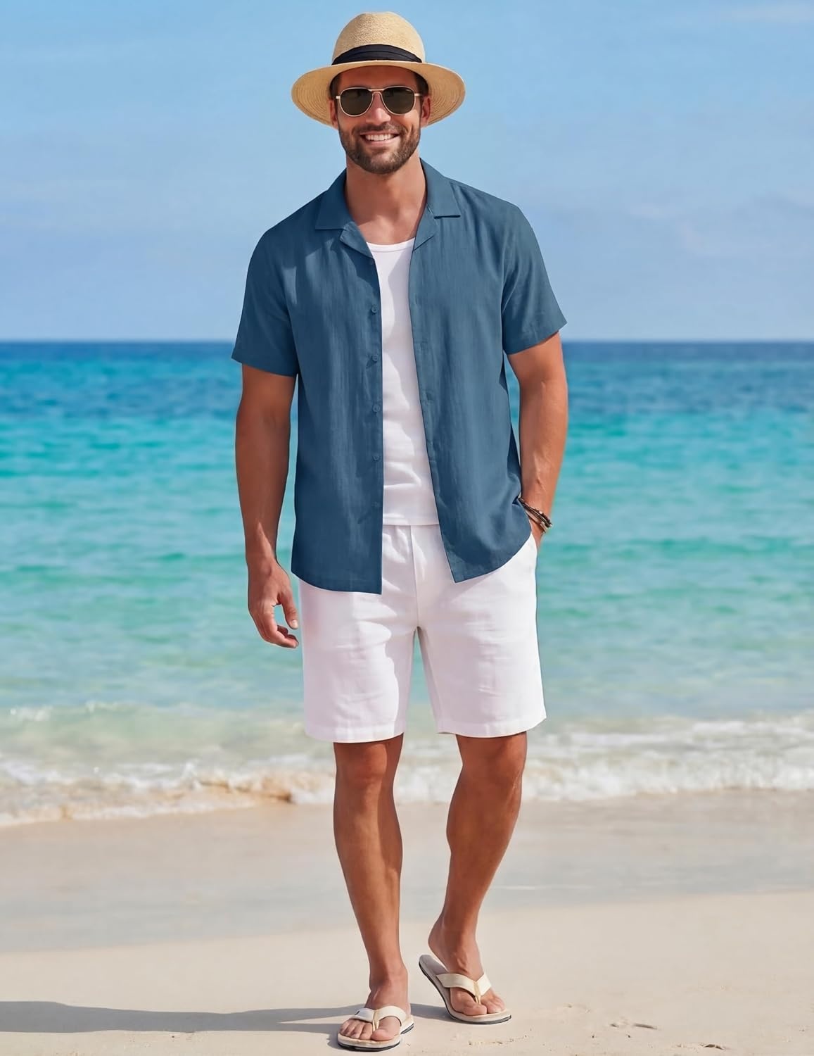 image:imageCOOFANDY Mens Short Sleeve Button Down Shirts Casual Cuban Collar Shirt 100 CottonBeach Summer HolidayCuban StyleNavy Blue