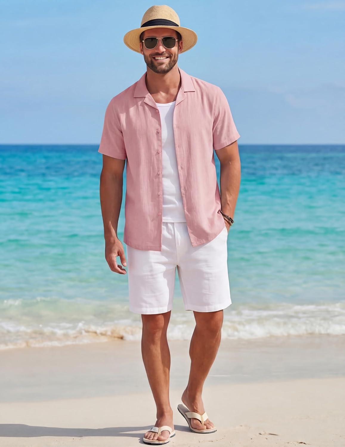 image:imageCOOFANDY Mens Short Sleeve Button Down Shirts Casual Cuban Collar Shirt 100 CottonBeach Summer HolidayCuban StylePink