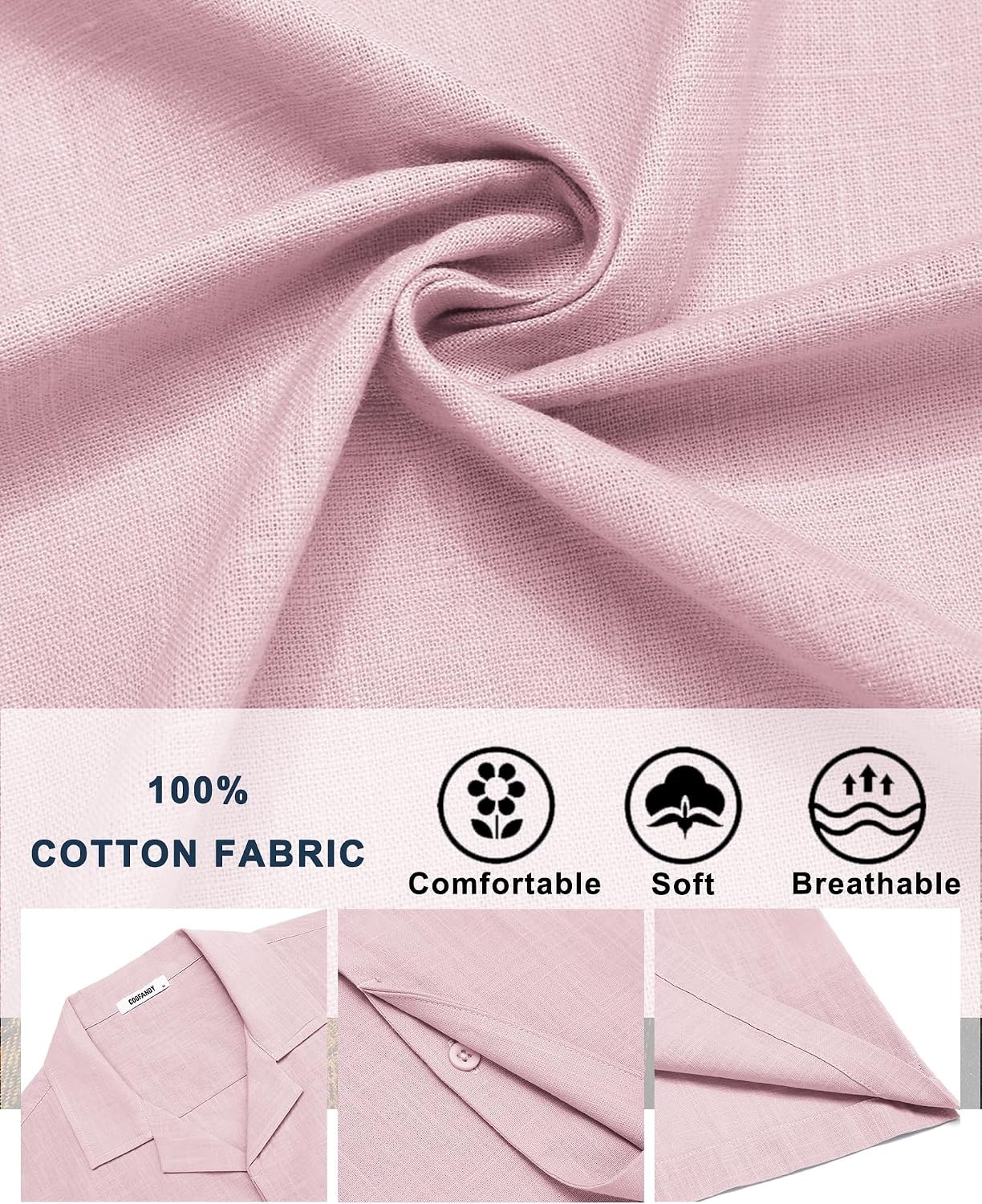 image:imageCOOFANDY Mens Short Sleeve Button Down Shirts Casual Cuban Collar Shirt 100 CottonBeach Summer HolidayCuban StylePink