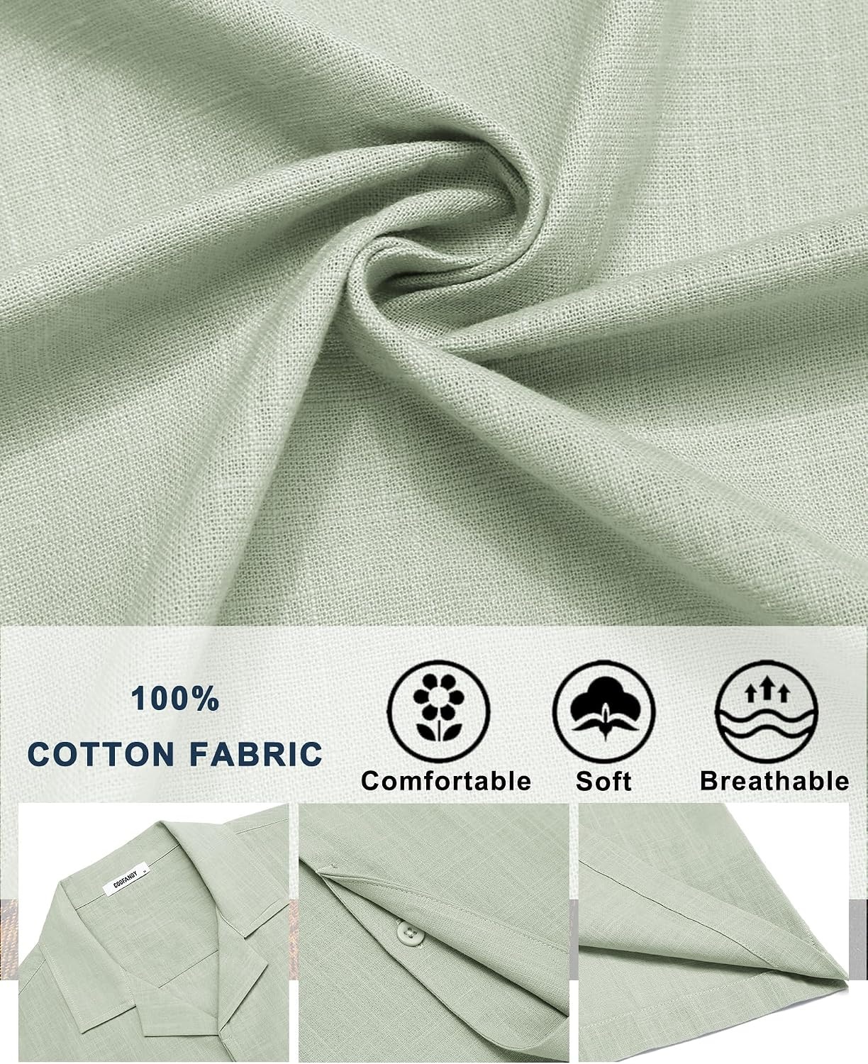 image:imageCOOFANDY Mens Short Sleeve Button Down Shirts Casual Cuban Collar Shirt 100 CottonBeach Summer HolidayCuban StyleSage Green