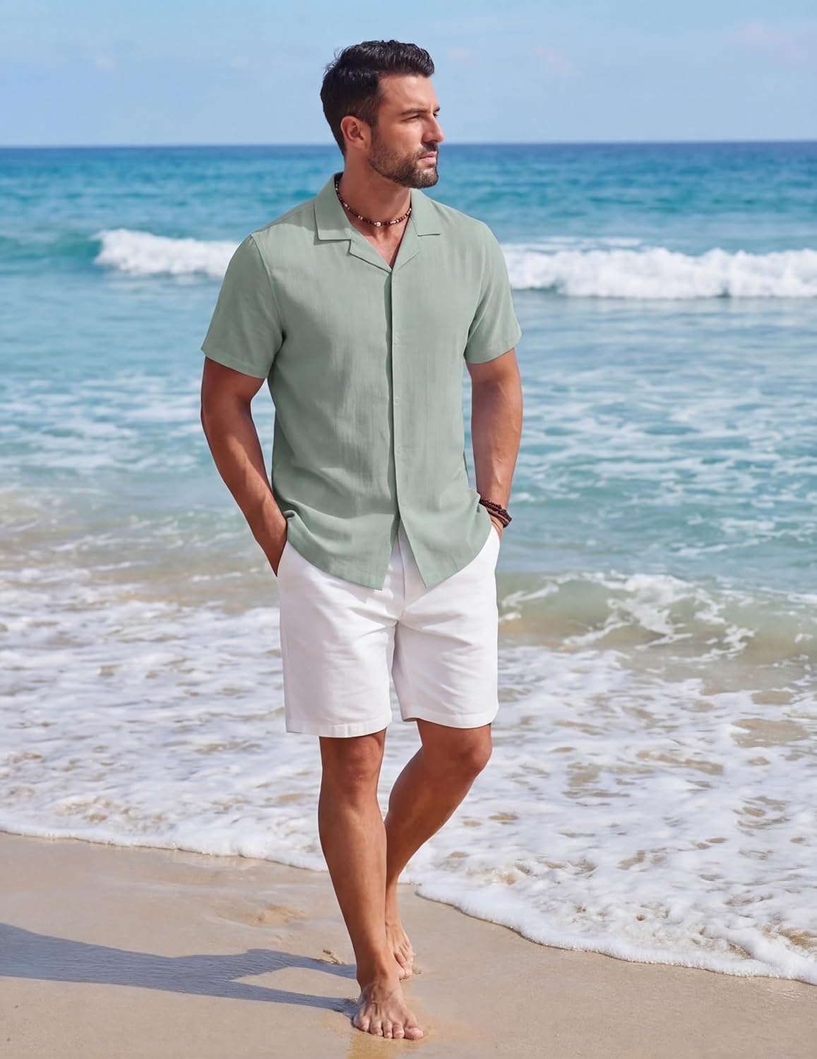 image:imageCOOFANDY Mens Short Sleeve Button Down Shirts Casual Cuban Collar Shirt 100 CottonBeach Summer HolidayCuban StyleSage Green