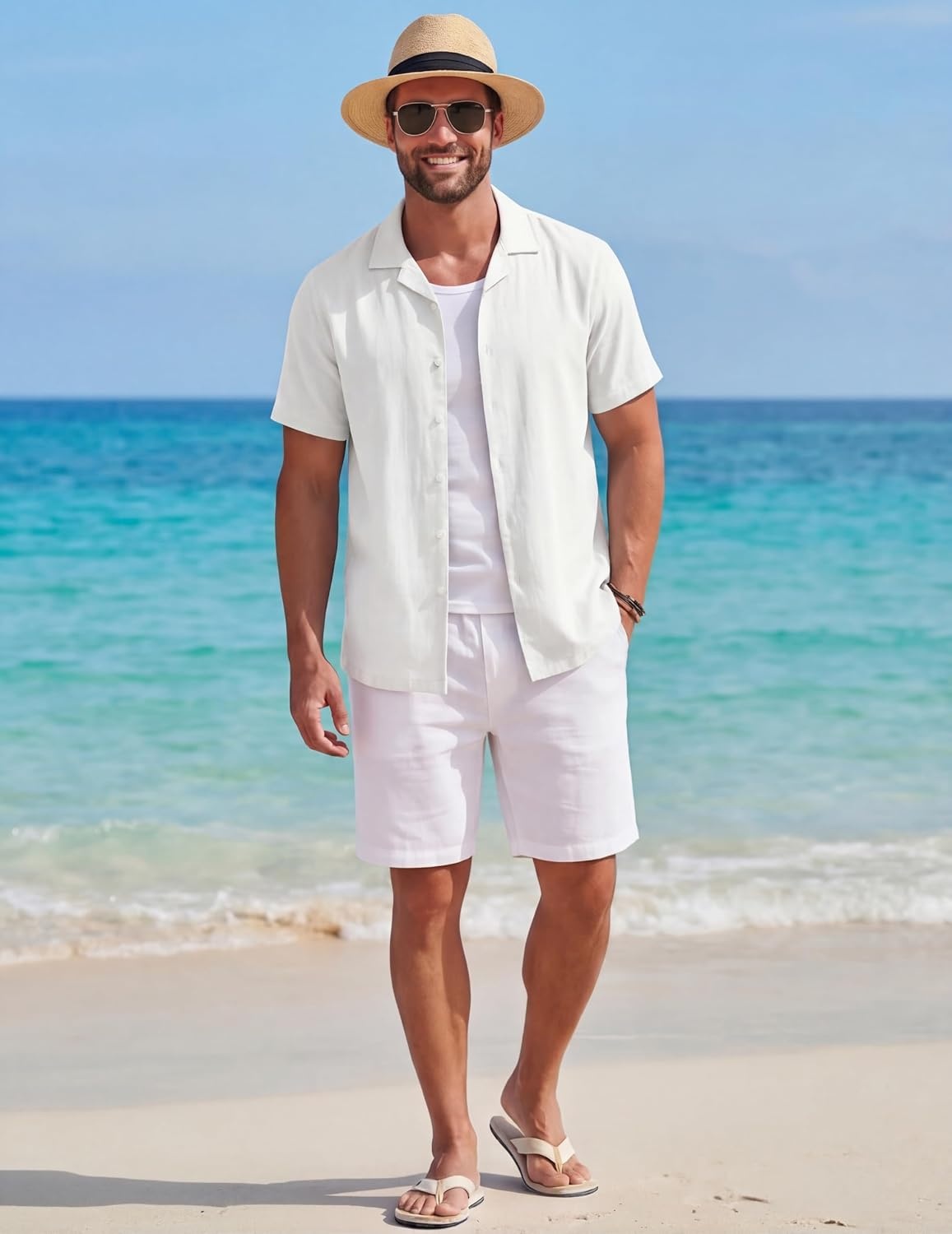 image:imageCOOFANDY Mens Short Sleeve Button Down Shirts Casual Cuban Collar Shirt 100 CottonBeach Summer HolidayCuban StyleWhite