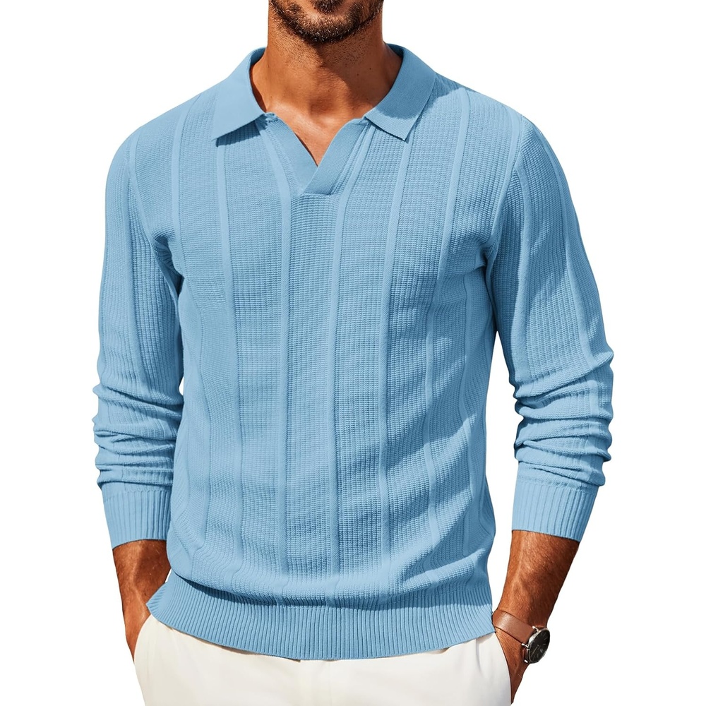 image:imageCOOFANDY Men Long Sleeve Knit Shirt Polo Collared Sweater Classic Pullover  Classic VNeck Knit Polo Sweater With Textured Finish And Comfortable Fit For Business Casual Office And Weekends