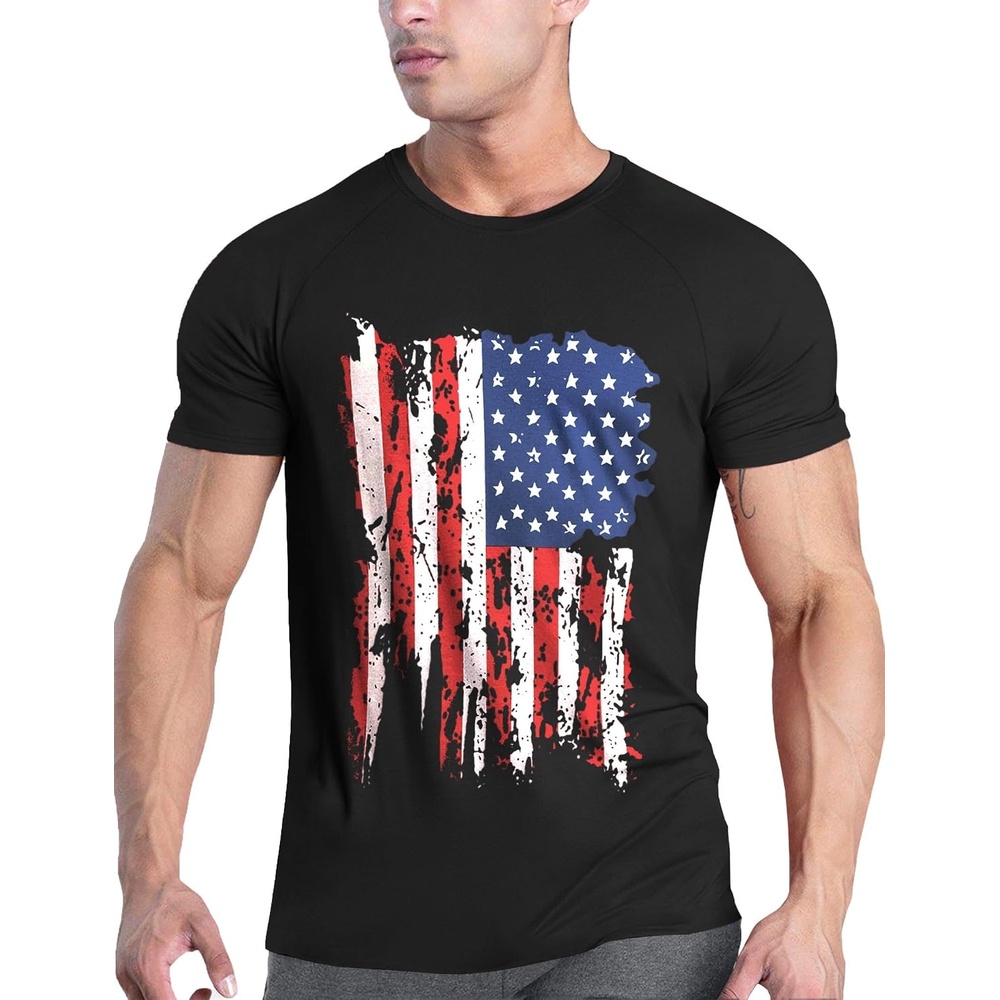 image:imageCOOFANDY Mens 3 Pack Workout T Shirts Short Sleeve Athletic Gym T Shirt Raglan Sleeve Crew Neck Moisture Wicking Lightweight Cooling Running ShirtsPerformance Tee for Gym Tennis HikingAmerican Flag Black