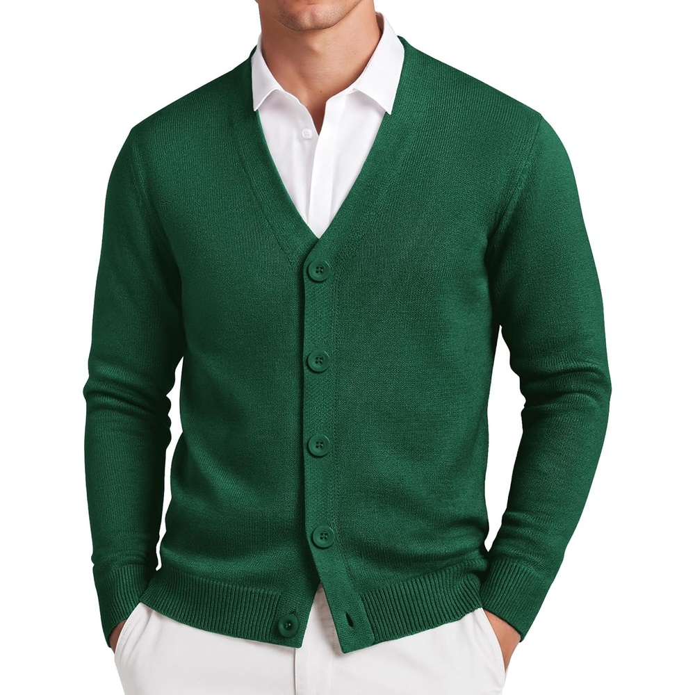 image:imageCOOFANDY Mens Cardigan Sweater Long Sleeve Lightweight V Neck Knit Cardigan  Button Down Knitted Light Weight Ribbed Hem Stretch Soft Classic Fit Casual Dress Business Men CardigansGreen