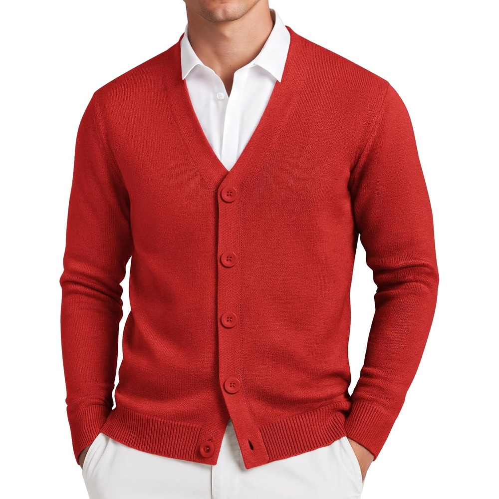 image:imageCOOFANDY Mens Cardigan Sweater Long Sleeve Lightweight V Neck Knit Cardigan  Button Down Knitted Light Weight Ribbed Hem Stretch Soft Classic Fit Casual Dress Business Men CardigansRed